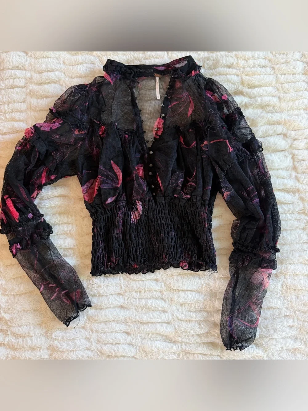 Free People Black Sheer Floral Smocked Waist Blouse size s